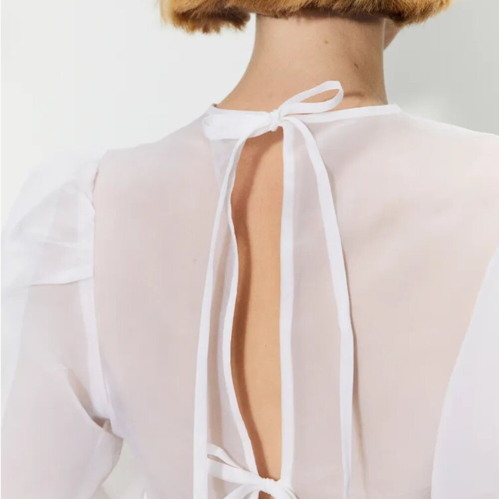 White Organza Tie Back Puff Sleeve Top - Super Cute Sheer Cropped Blouse